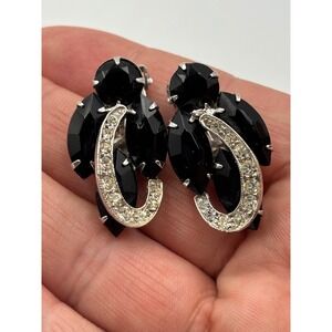 Vintage Weiss Black Crystal Chandelier Clip On Earrings Silver Tone